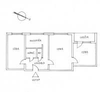Floor plan of a 3-room apartment with a kitchen, bathroom, toilet, loggia, and hallway.