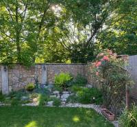 Garden of a 4-room apartment in Bratislava - Vrakuňa with a lawn and a stone wall.