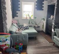Living room with a green sofa, toys, plants, and walls with stone cladding in a 4-room apartment.