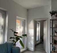 A bright living room with plants, a sofa, and a wooden decor floor in a four-room apartment.