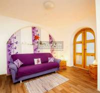 Interior of a family house with a purple sofa and a wooden decor floor.