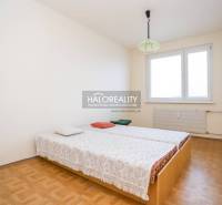 A bedroom in a 3-room apartment with a wooden decor floor, a bed by the window.