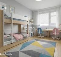 Children's room with a bunk bed, colorful carpet, and a desk in a 3-room apartment.