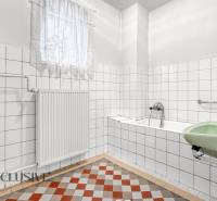 A bathroom in a family house with a bathtub, a green sink, and tiles on the floor.