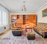Living room in a family house with carpets, furniture, and armchairs, with a decorative painting.