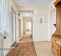 A hallway in a family house with wooden furniture and a carpet.