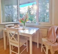 Dining area in a 2-room apartment with a large window, floor with wood decor.