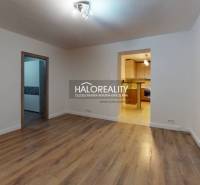 Living room in a two-room apartment with a wooden decor floor and an entrance to the kitchen.