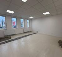 Empty offices with white walls, ceiling lighting, and wood-patterned flooring.