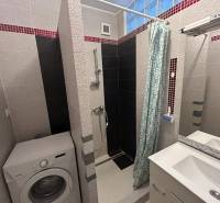 A bathroom in a studio apartment with a shower, washing machine, and sink.