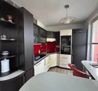 A kitchen in a studio apartment with a wood-patterned floor and red tiles.