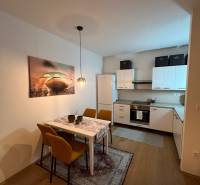Kitchen and dining room in a 2-room apartment with a wood-patterned floor.