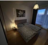 Bedroom in a 2-room apartment with a bed, lamp, painting, and floor with wood decor.
