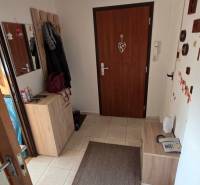 A hallway in a 3-room apartment with light furniture and brown accessories.