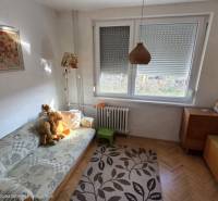 Children's room in a 3-room apartment with a sofa, bookshelf, and window, floor with wooden decor.