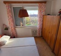 A bedroom with a bed, wardrobe, and wooden decor flooring in a 3-room apartment.