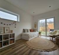 A bright room in a family house with a sofa, wood-patterned flooring, and decorations.