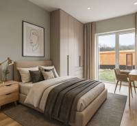Interior of a family house with a bed, wardrobes, a painting, and a wooden decor floor.