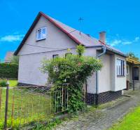 A family house in Nováky with a lawn and garden, surrounded by a fence and plants.