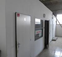 Interior with white doors and gray walls in warehouse and hall spaces.