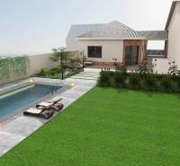 A family house in Cífer with a swimming pool, terrace, garden, and loungers.
