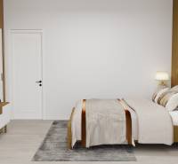 Bedroom with wood-patterned flooring, a bed, and a television in a family house.
