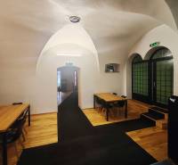 Gastro premises with vaulted ceilings and wooden decor flooring.