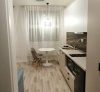 Studio apartment with wood-patterned flooring, a kitchenette, and a dining table with chairs.