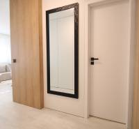 In a one-room apartment, there is a mirror with a black frame and a floor with a wood decor.