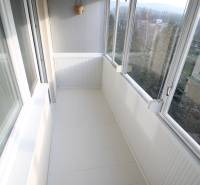 A glazed balcony with a white floor and a hanging flower pot in a studio apartment.
