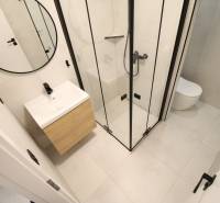 Bathroom in a studio apartment with a large mirror and a shower, tiled floor.