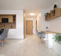 Interior of a 1-room apartment with a light floor featuring a wood design and practical furnishings.