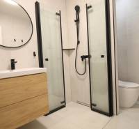 Bathroom in a studio apartment with storage space, shower, and round mirror.