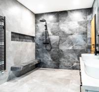 Modern bathroom with gray tiles, shower, and sinks in a family house.