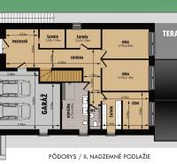 Floor plan of the second floor of a family house in Stará Ľubovňa with a terrace and a garage.