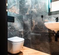 A bathroom in a family house with dark tiles and a wooden decor floor.