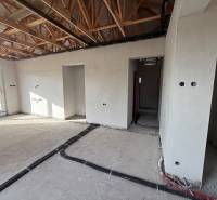 Interior of a family house with unfinished walls and a wooden decor floor.