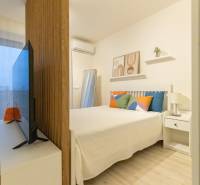 1-bedroom apartment with a bed, television, and decorative pillows. Floor with wooden decor.