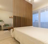 A kitchen with light furniture, a sofa, and a bed in a studio apartment, flooring with a wood decor.