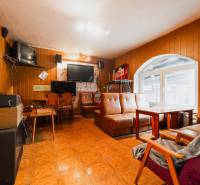 Interior of a family house with leather sofas, wooden paneling, and televisions.