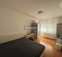 Bedroom in a 3-room apartment with a bed, wooden decor flooring, and storage spaces.