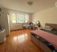 A bedroom in a 3-room apartment with a wood-patterned floor and a large window.
