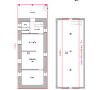 Floor plan of the cottage in Zliechov showing the terrace, rooms, and attic.