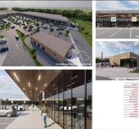 Visualization of a shopping center in Lozorno on Borovicova Street with a parking lot and a fast food restaurant.