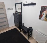 A hallway in a 3-room apartment with a painting, a cabinet, and a coat rack.