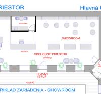 Floor plan of a commercial space with a reception, kitchenette, showroom, and restrooms.