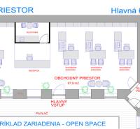 Floor plan of a commercial space with a reception, offices, kitchenette, and restrooms.