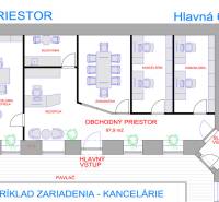 The floor plan of the commercial premises includes offices, a meeting room, a kitchenette, and storage rooms.