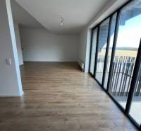 A bright living room of a two-room apartment with a wooden decor floor and large windows.