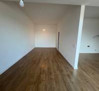 A room with a wooden decor floor in a 2-room apartment, neutral walls.